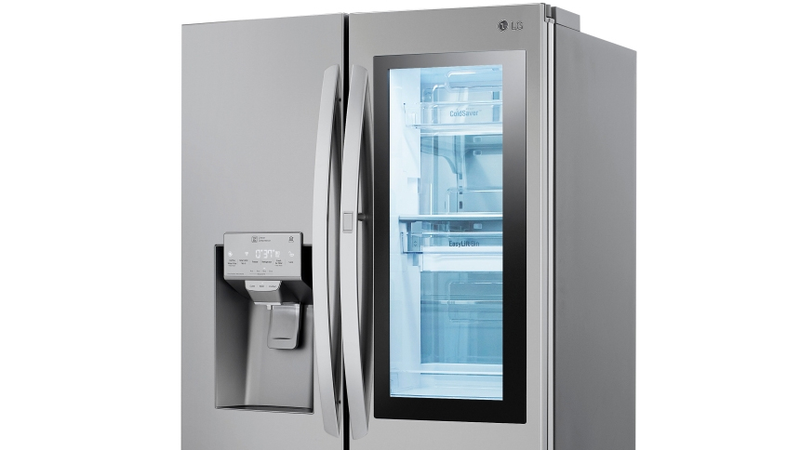 An LCD window on the front of the fridge can switch between opaque and transparent, giving a sneak preview of what’s inside.